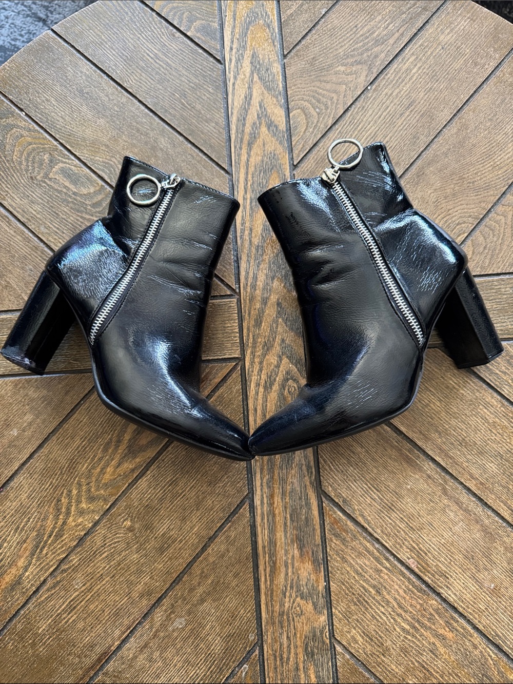 Dream Pairs Shiny Black Patent Pointed Toe Ankle Booties with Ring Zip